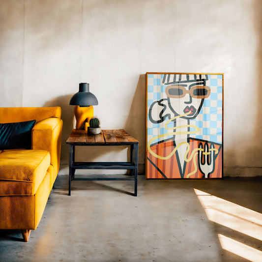 Whimsical illustration of a stylish girl enjoying Sicilian pasta. Perfect for playful, contemporary wall art and foodie décor.
