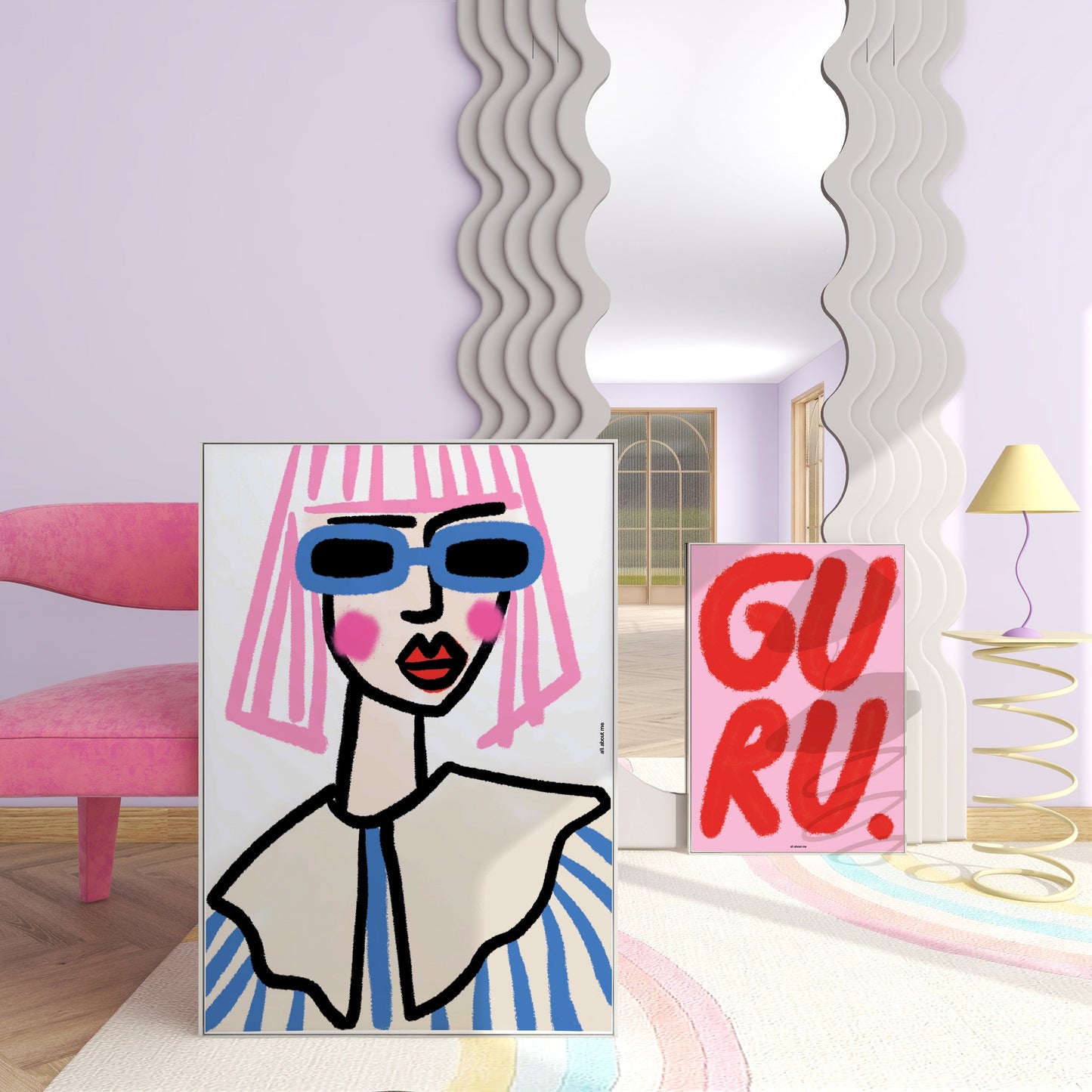 Room interior with a pink chair, Framed ‘Statement Collar Babe’ empowering female fashion illustration with sunglasses wall art with bold collar illustration, and a 'GURU' sign.