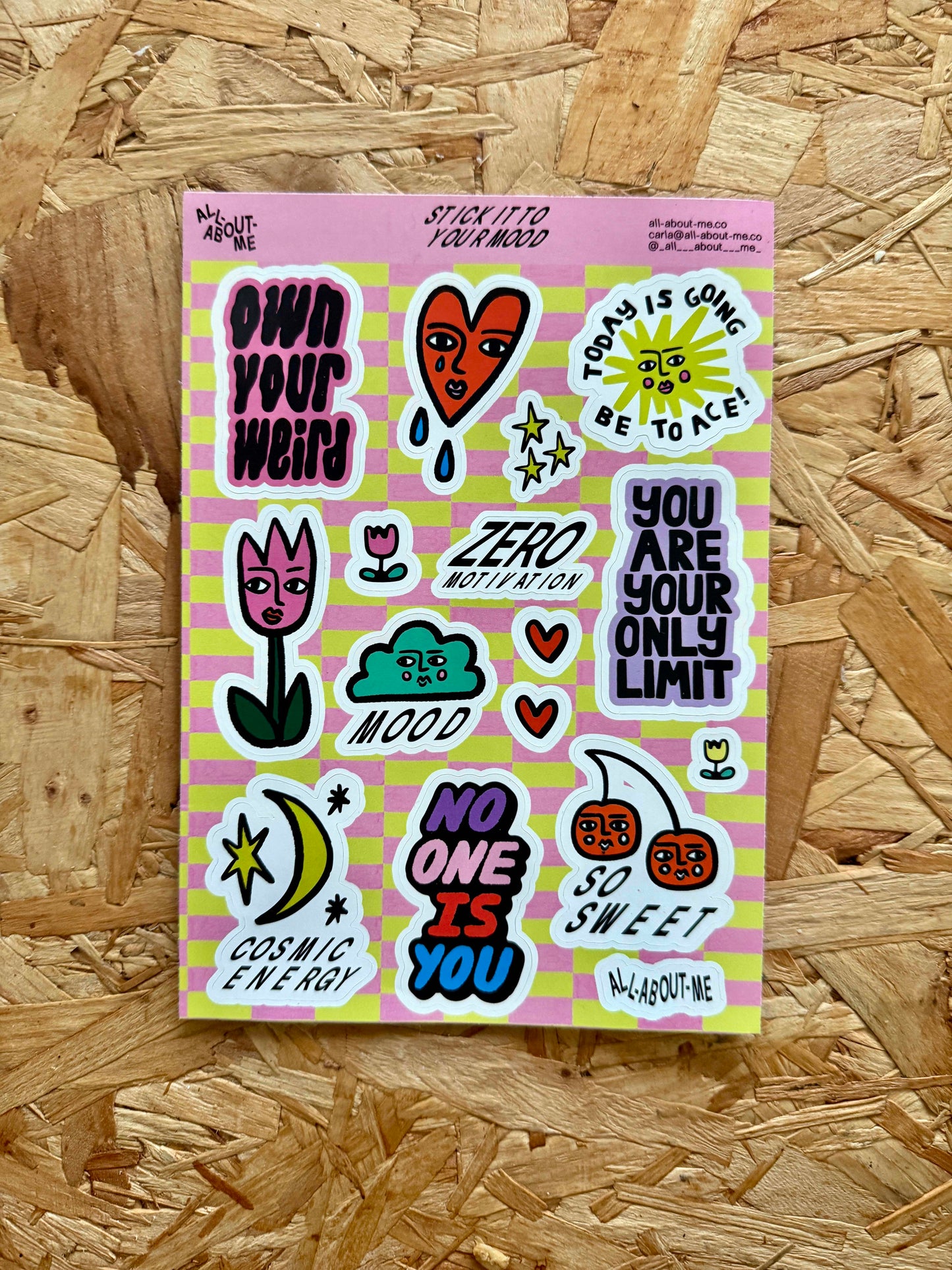 Sheet of 16 colourful Stick it to your mood Stickers  with motivational phrases.
