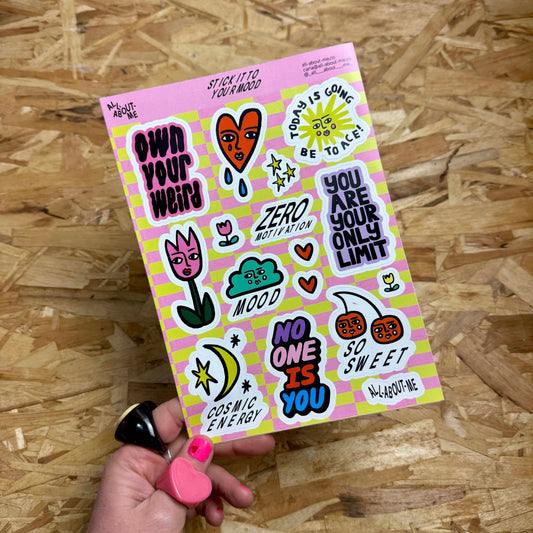 Sticker sheet with16 colourful Stick it to your mood Stickers  with motivational phrases, colourful designs.