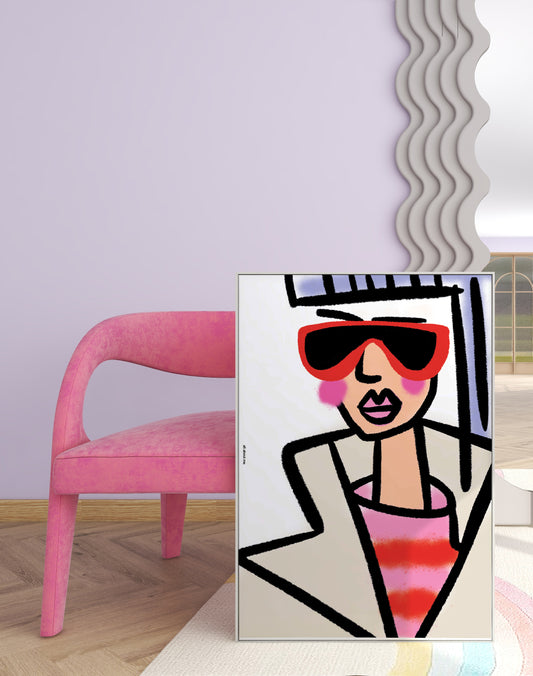 The Iconic Trench’ fashion print featuring confident woman in classic trench coat illustration.Framed artwork of a stylized woman with red sunglasses in a room with a pink chair and wavy wall decor.