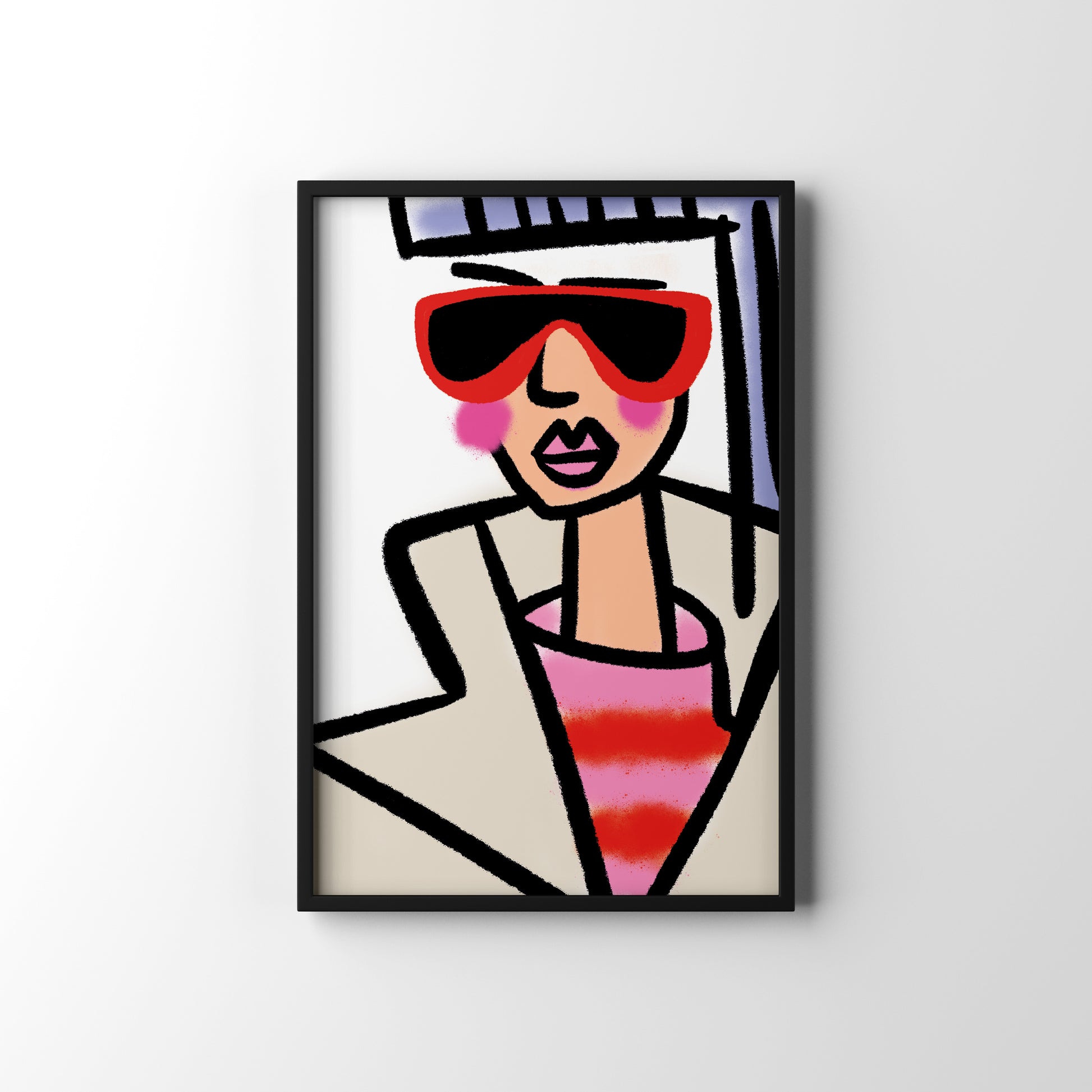 Framed The Iconic Trench’ fashion female print featuring confident woman in classic trench coat illustration.wearing sunglasses on a white background