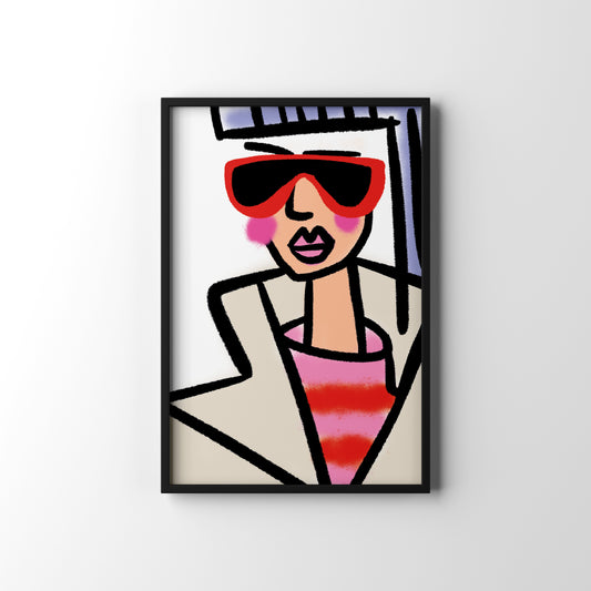 Framed The Iconic Trench’ fashion female print featuring confident woman in classic trench coat illustration.wearing sunglasses on a white background