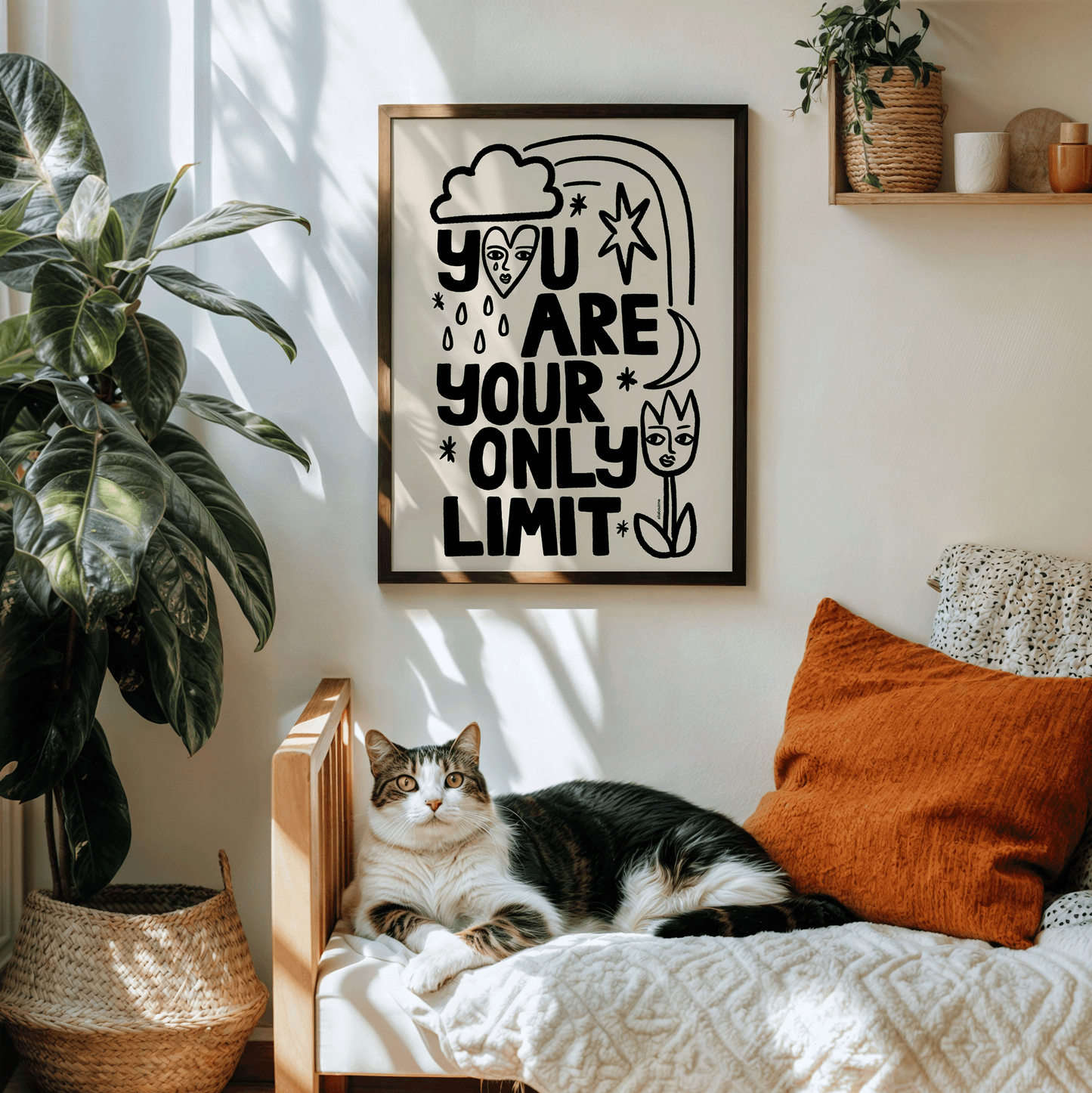 Cat lying on a bed with a motivational poster and decorative pillows in a cozy room.
