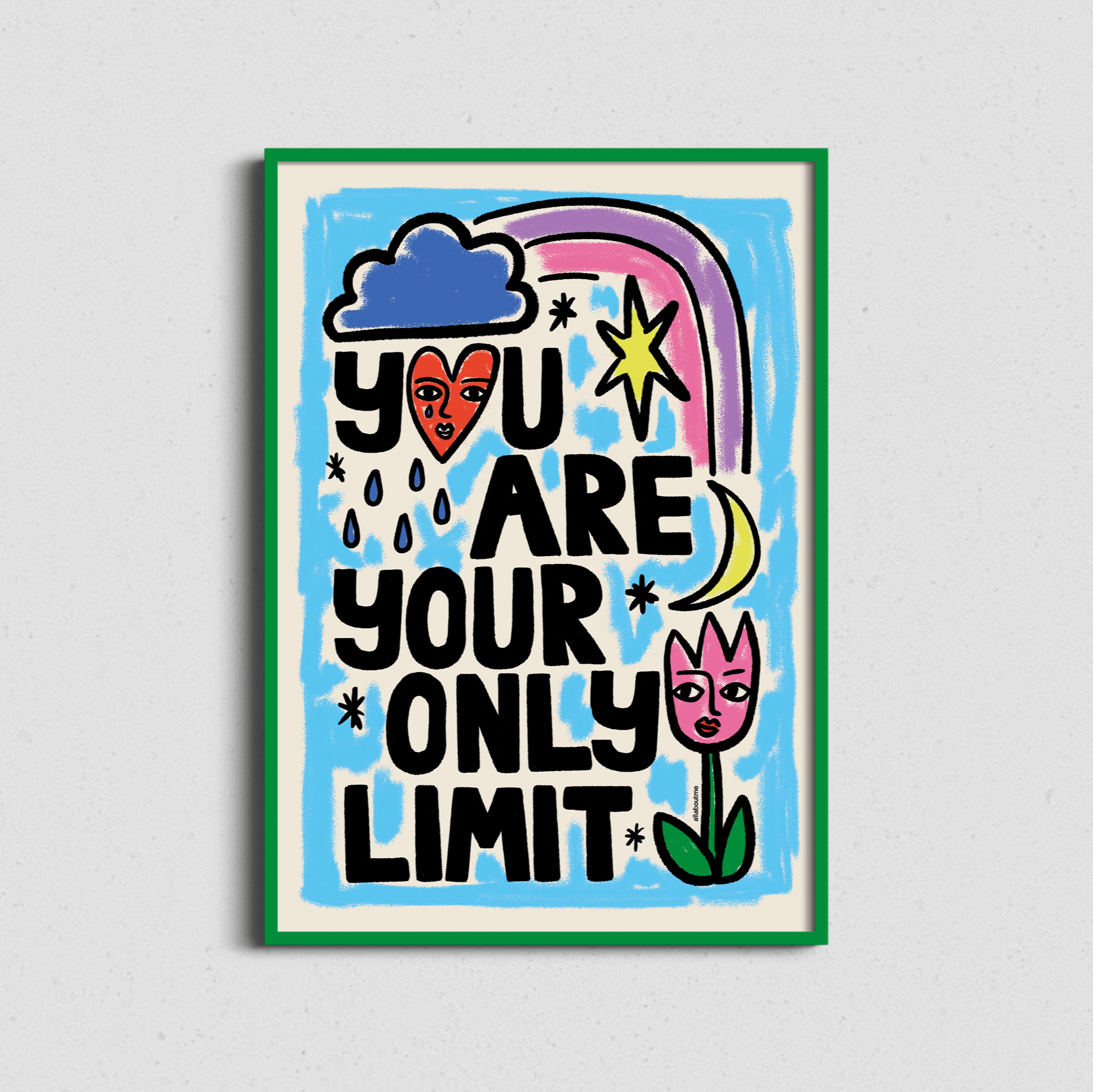 Colorful poster with motivational quote 'You are your only limit' on a colouful background in green frame