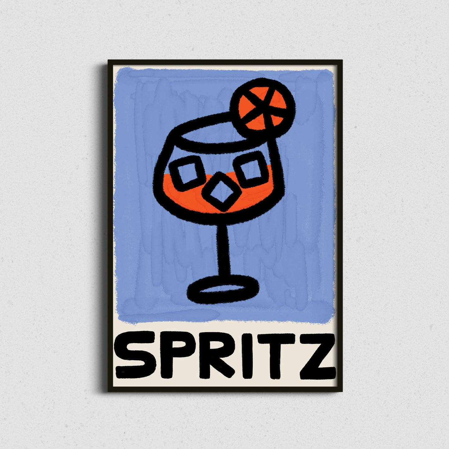 Framed artwork of a drink glass with ice and an orange slice on a blue background, labeled 'SPRITZ'.