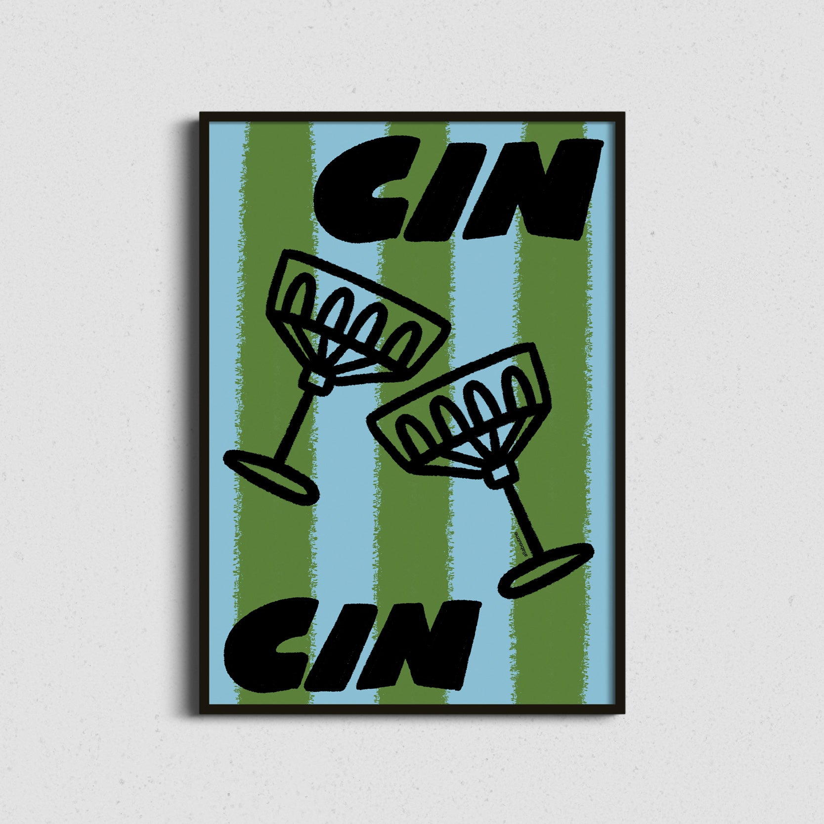 Framed artwork with 'Cin Cin' text and cocktail glass illustrations on a striped background celebration art.