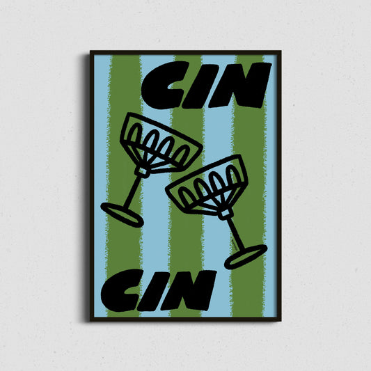 Framed artwork with 'Cin Cin' text and cocktail glass illustrations on a striped background celebration art.