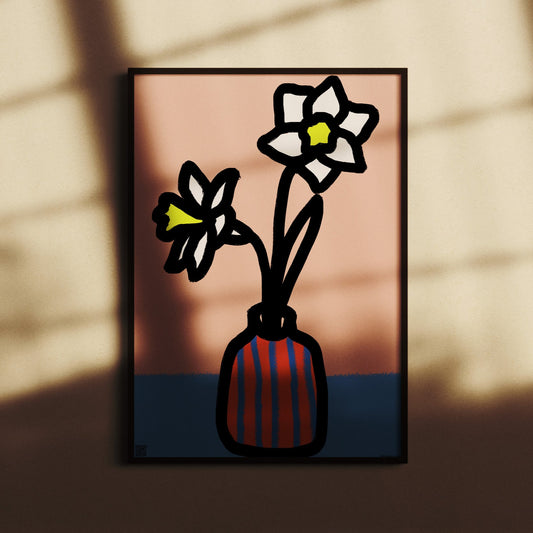 Charming Narcissus birth flower print for December birthdays. Includes a poetic tribute to hope, renewal, and winter beauty. Framed artwork of flowers on a wall with shadow patterns