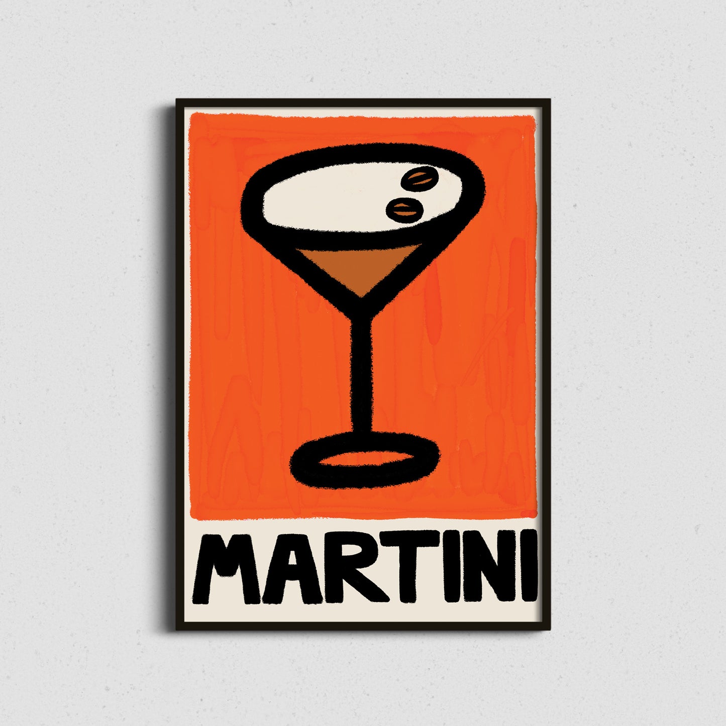 Framed artwork of a Expresso martini glass with an orange background and 'Martini' text.
