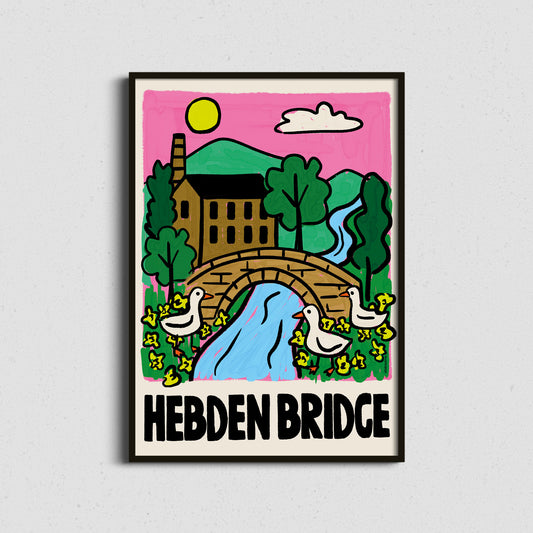 Framed artwork of west Yorkshire town, Hebden Bridge with a bridge, Gibson mill, trees, and ducks on a pink background.