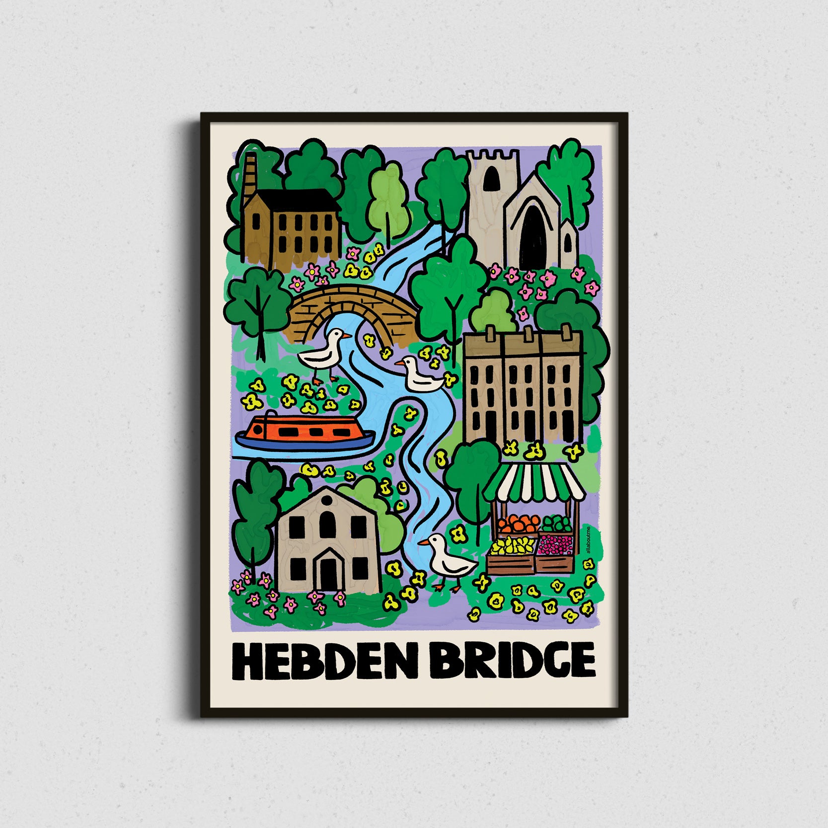 Framed location map artwork of Hebden Bridge with colourful illustration on a white background