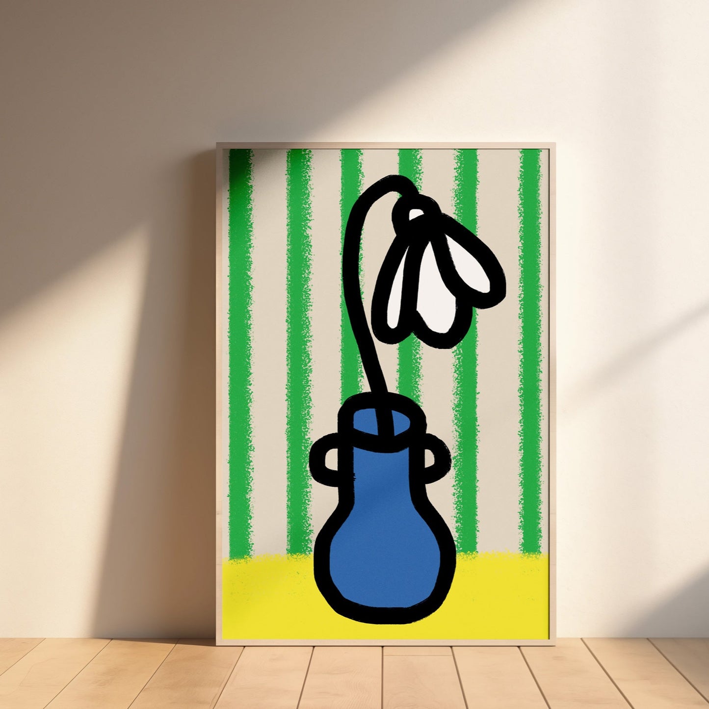 Elegant framed Snowdrop art print for January birthdays. Includes a touching audio poem to celebrate the birth flower’s beauty and meaning. Abstract artwork with a blue vase and black flower on a green and yellow striped background