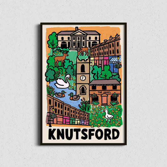 A framed travel poster of Knutsford, featuring a colorful vector illustration of local landmarks, a clock tower, a swan, ducks, and buildings, with 'KNUTSFORD' printed in bold black letters at the bottom.
