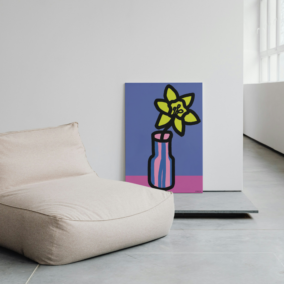 Abstract painting of a yellow daffodil birth flower in a pink stripe vase on a blue background, displayed in a modern living room.