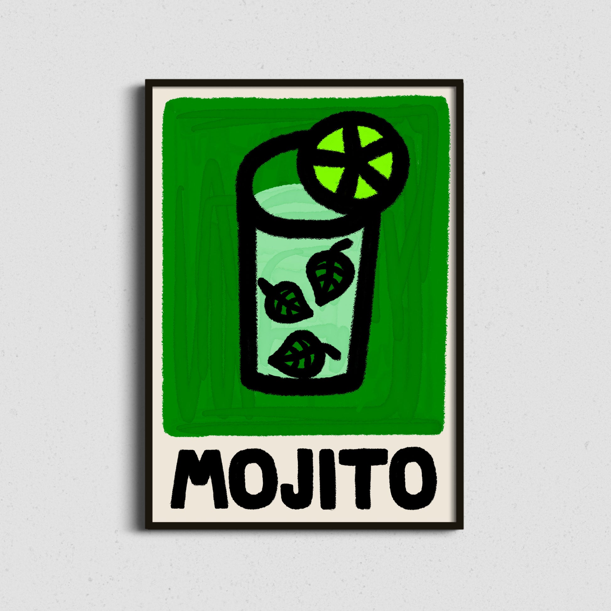 Framed artwork of a mojito cocktail illustration with green background and black text mojito