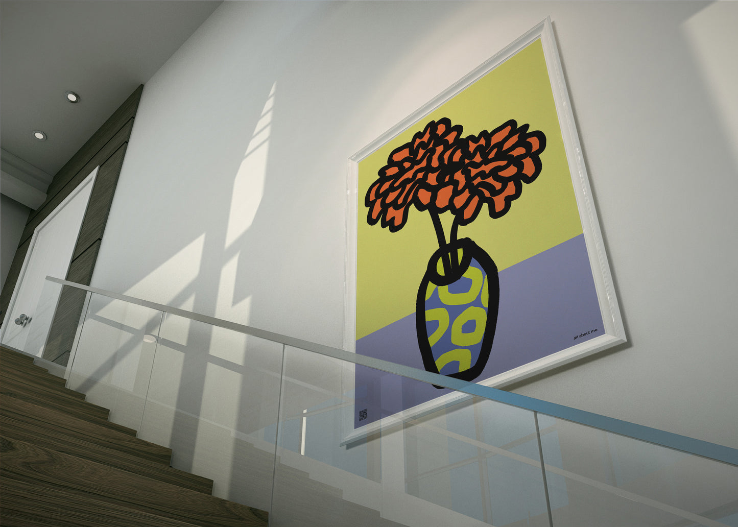 Warm Marigold print for October birthdays. Includes an uplifting audio poem celebrating creativity, courage, and autumn radiance on stairway in hall.
