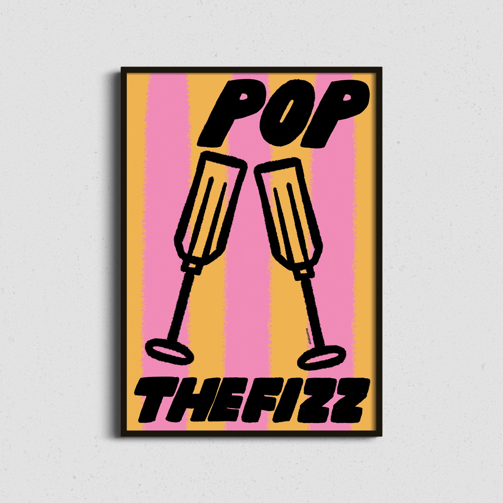 Framed artwork with 'Pop The Fizz' text and champagne glass graphics on a striped background.