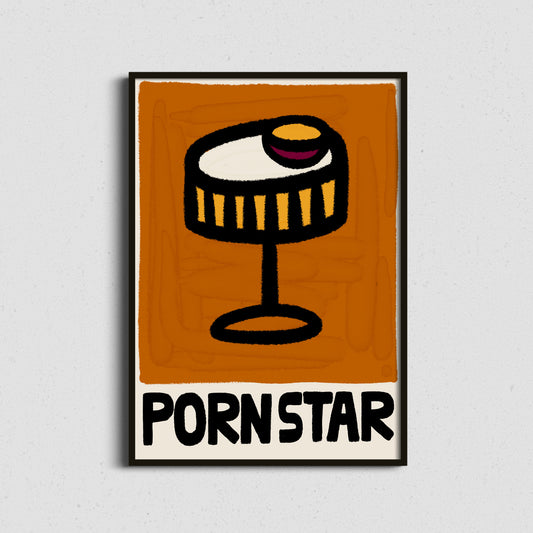Framed pornstar martini cocktail print in purple and orange tones, playful and vibrant kitchen or bar wall decor.
