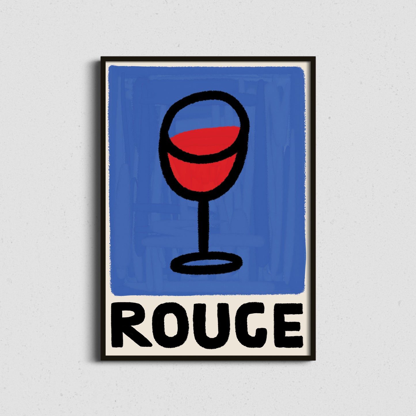 Framed artwork of a wine glass with red liquid and 'ROUGE' text on a blue background.