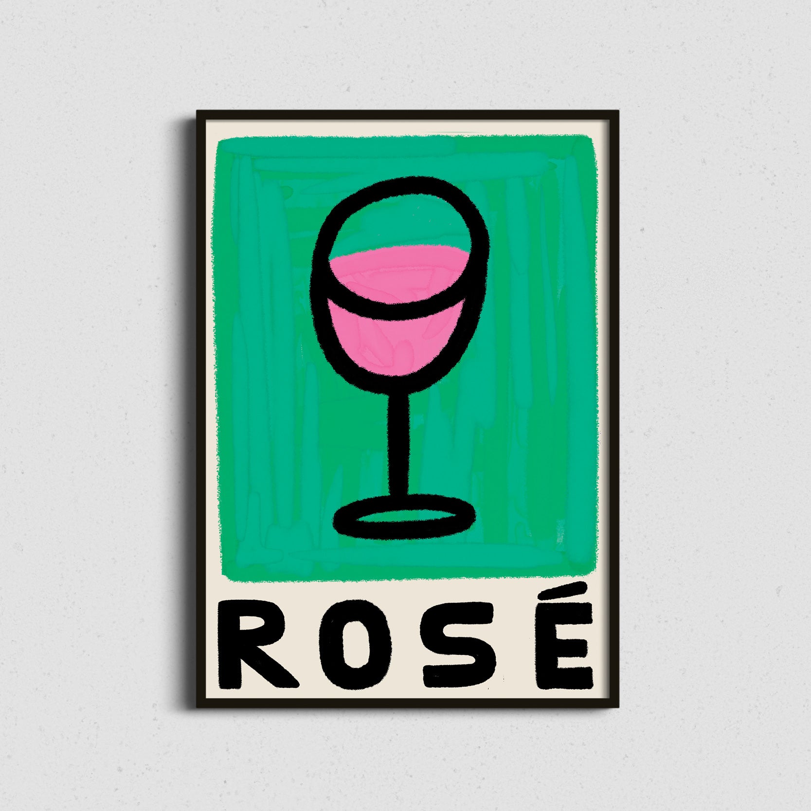 Framed artwork with a glass of pink blush rosé wine and the word 'ROSÉ' on a green background.