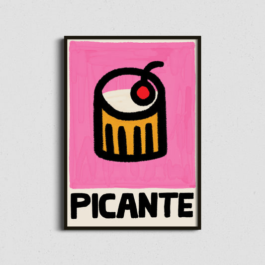 Framed spicy margarita cocktail print in pink and orange, colourful and bold wall art for kitchen, bar cart, or dining room.