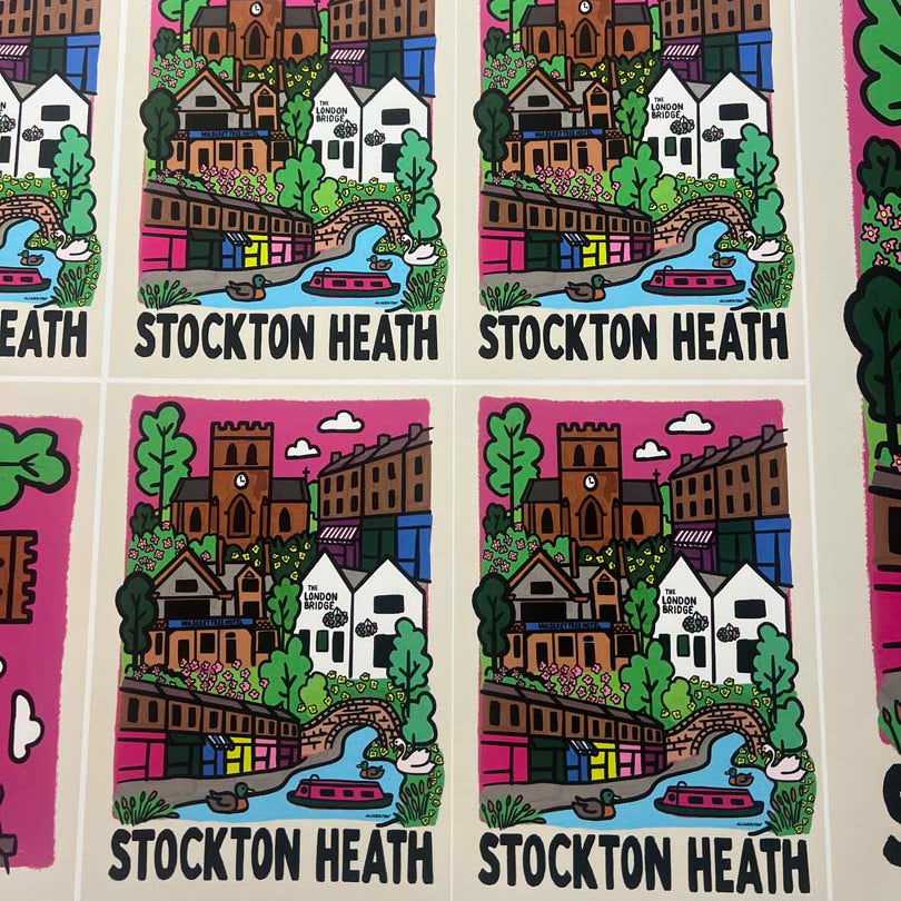 A close-up of a printed sheet showing multiple illustrated postcards or labels with the text 'Stockton Heath' and a colorful cartoon town scene with buildings, trees, a river, and boats.