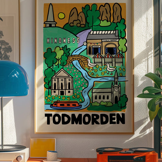 Colourful Todmorden illustration print with Town Hall, Stoodley Pike, Market Hall, Unitarian Church, canal, geese, hills, trees, supporting Kindness charity.