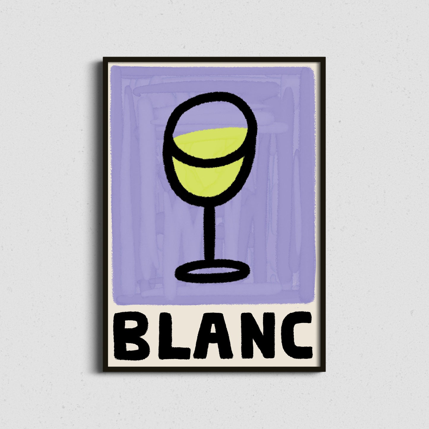 Framed white wine illustration print in soft lemon and lilac tones, perfect fresh and colourful kitchen or bar wall art.
