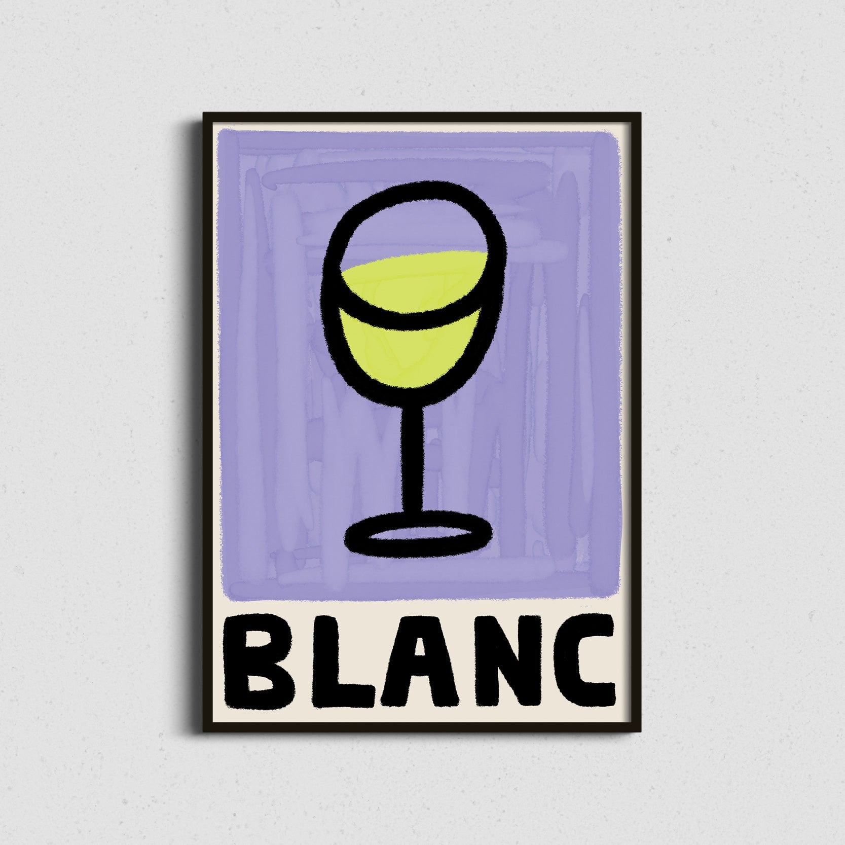 Framed white wine illustration print in soft lemon and lilac tones, perfect fresh and colourful kitchen or bar wall art.

